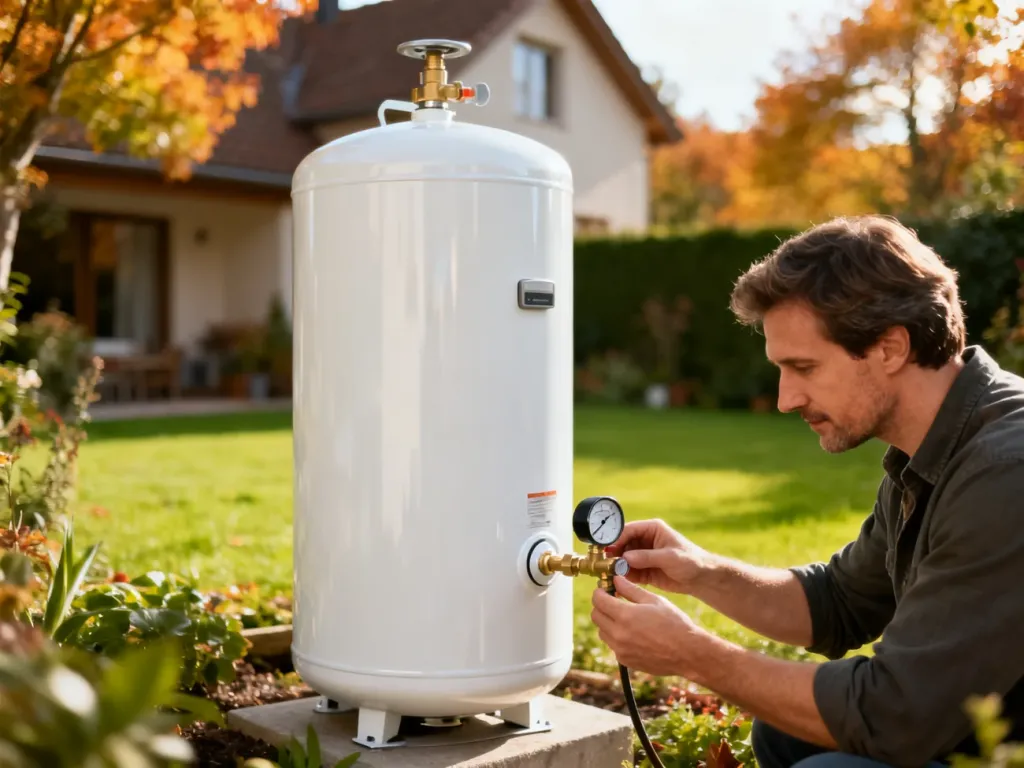 Mężczyzna sprawdza ciśnienie na nowoczesnym zbiorniku na gaz LPG znajdującym się w przydomowym ogrodzie.