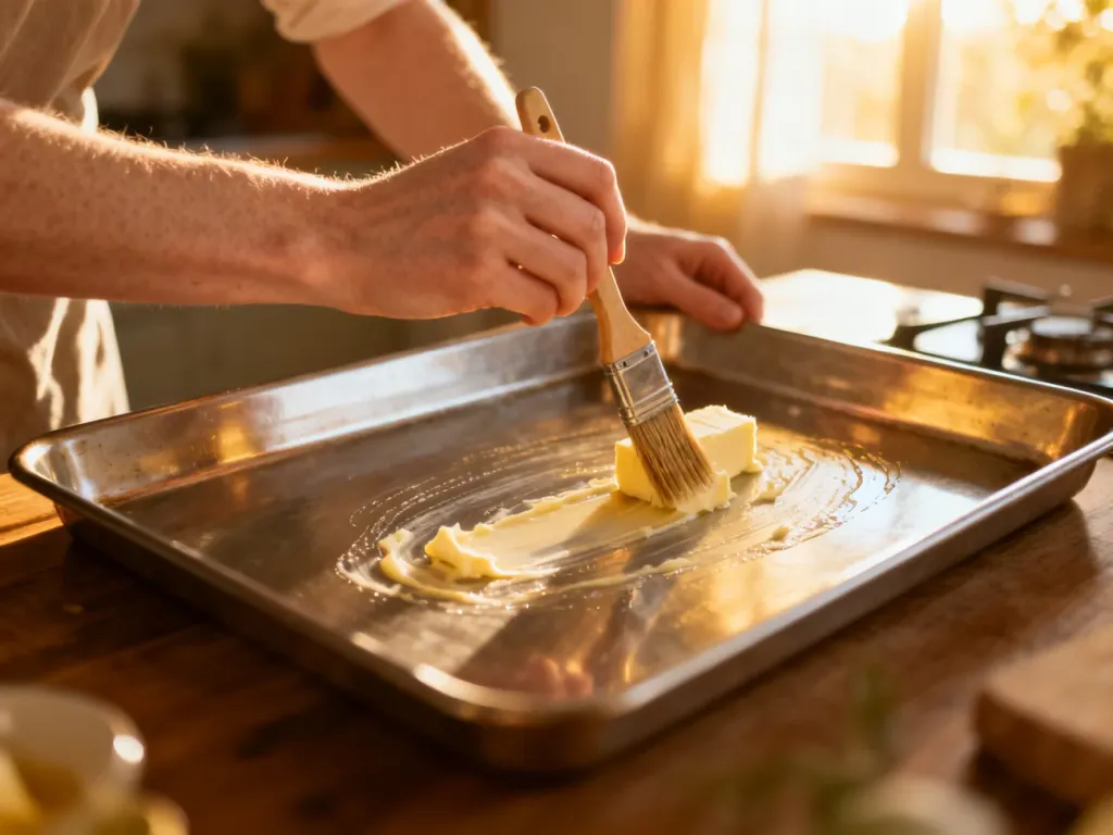 Osoba smaruje masłem metalową blachę do pieczenia przy użyciu pędzla kuchennego w słonecznej kuchni.