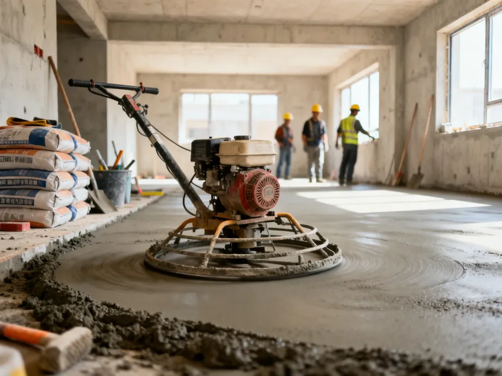 Pracownik wygładza świeżą wylewkę betonową przy użyciu zacieraczki mechanicznej w surowym wnętrzu budynku.