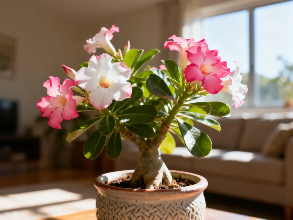 Kwitnące adenium (róża pustyni) z różowo-białymi kwiatami w ceramicznej doniczce, ustawione w słonecznym salonie.