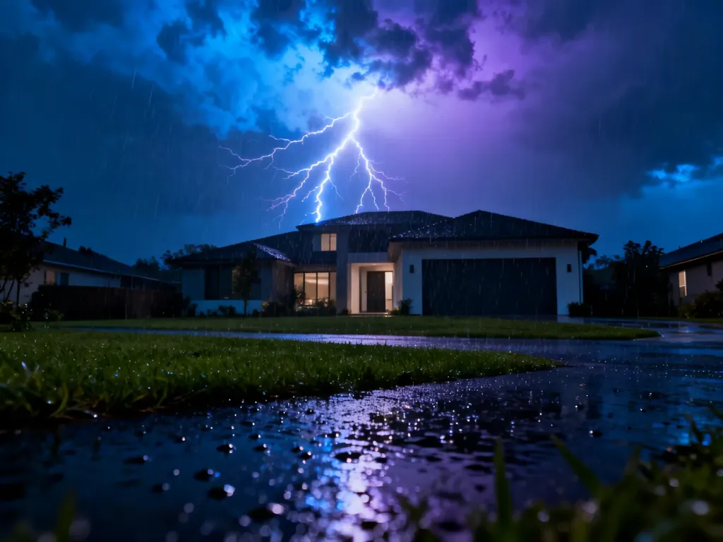 Nowoczesny dom podczas nocnej burzy z uderzającym w pobliżu piorunem, ilustrujący zagrożenie wyładowaniami atmosferycznymi.