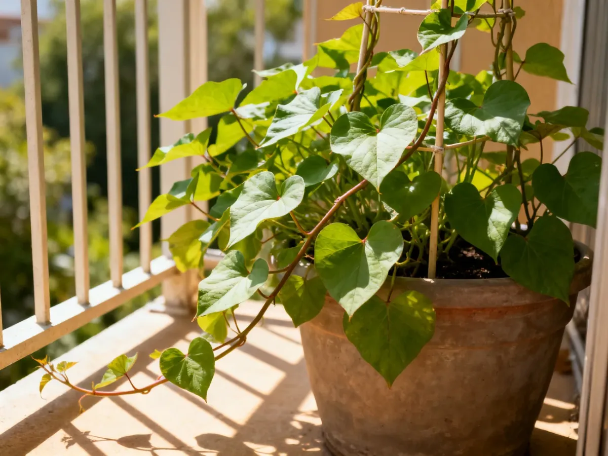 Bujnie rosnący batat w donicy z pędami prowadzonymi po podporze