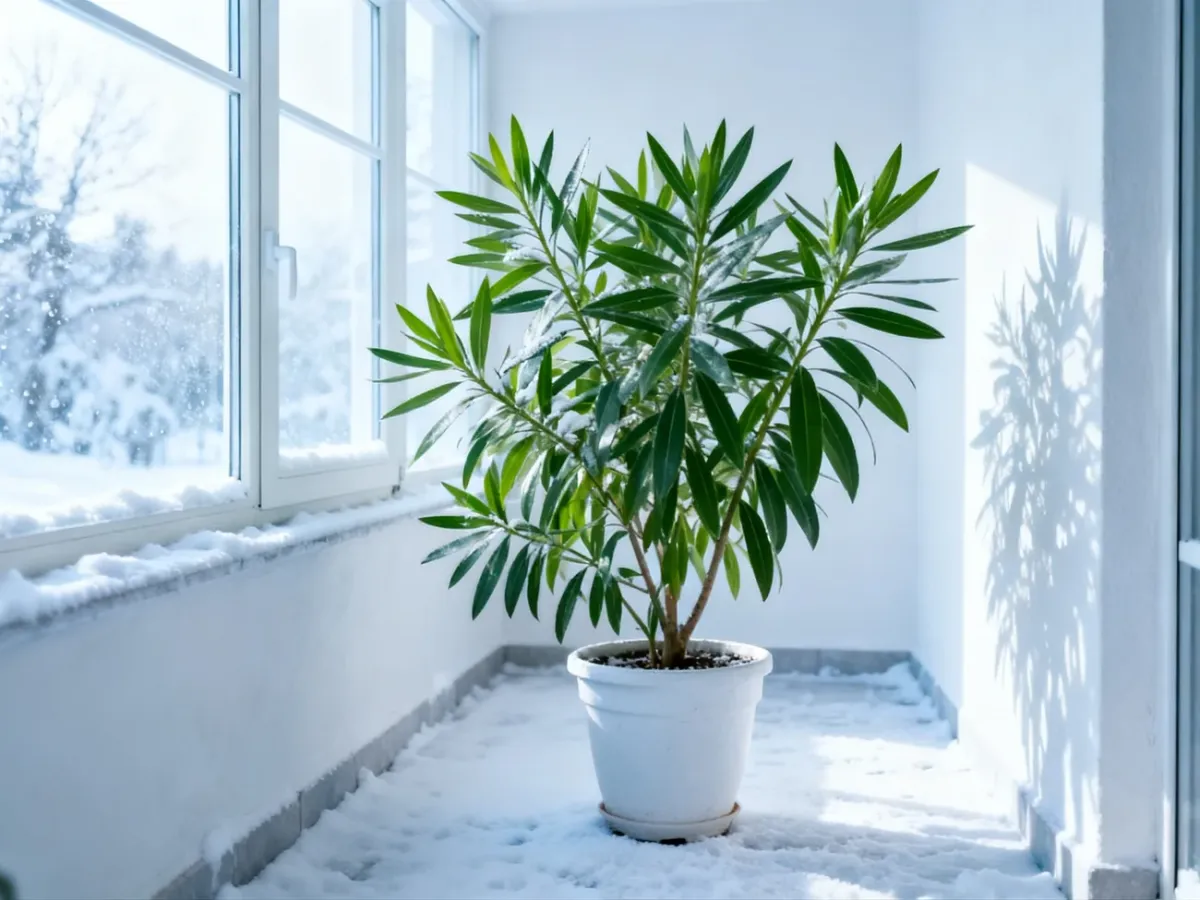 Oleander w donicy stojący przy jasnym oknie w chłodnym pomieszczeniu