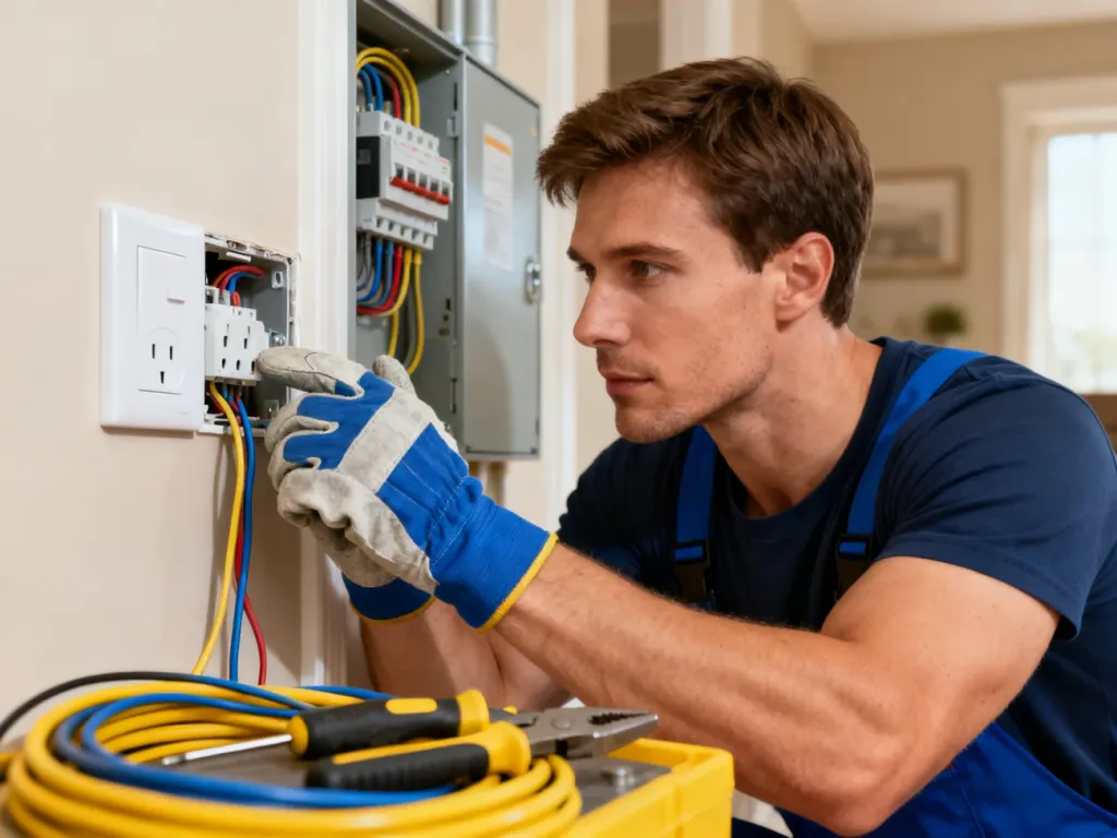 Elektryk w rękawicach ochronnych sprawdza gniazdko elektryczne przy użyciu narzędzi i przewodu uziemiającego.