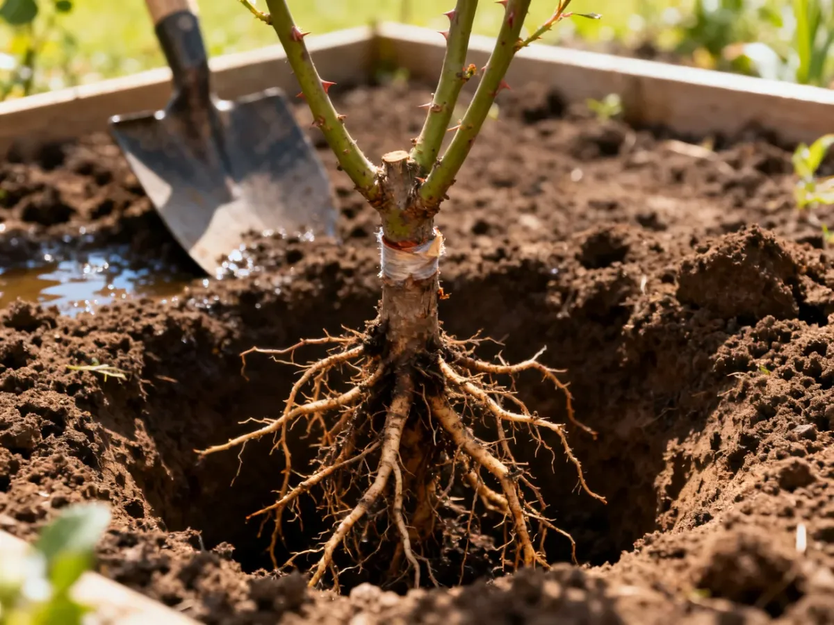 Sadzenie róży z balotem z korzeniami rozłożonymi w dołku
