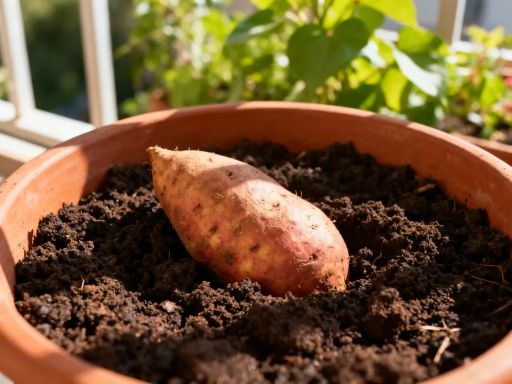 Bulwa batata częściowo zagłębiona w żyznej ziemi w terakotowej doniczce, przygotowana do sadzenia.