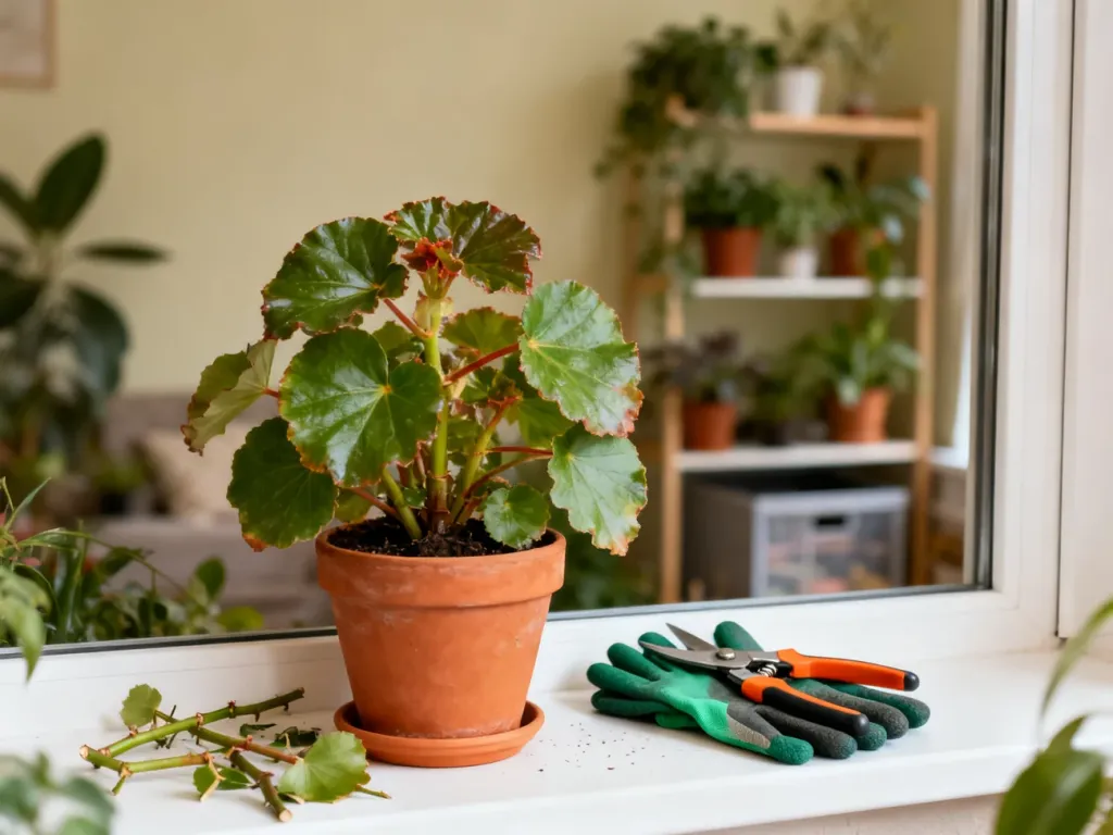 Begonia w doniczce na parapecie obok sekatora i rękawic ogrodniczych, przygotowana do zimowania w domu.