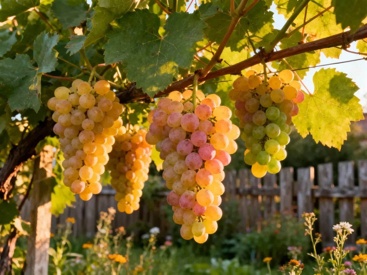 Duże grona winogron w różnych kolorach na krzewach w ogrodzie