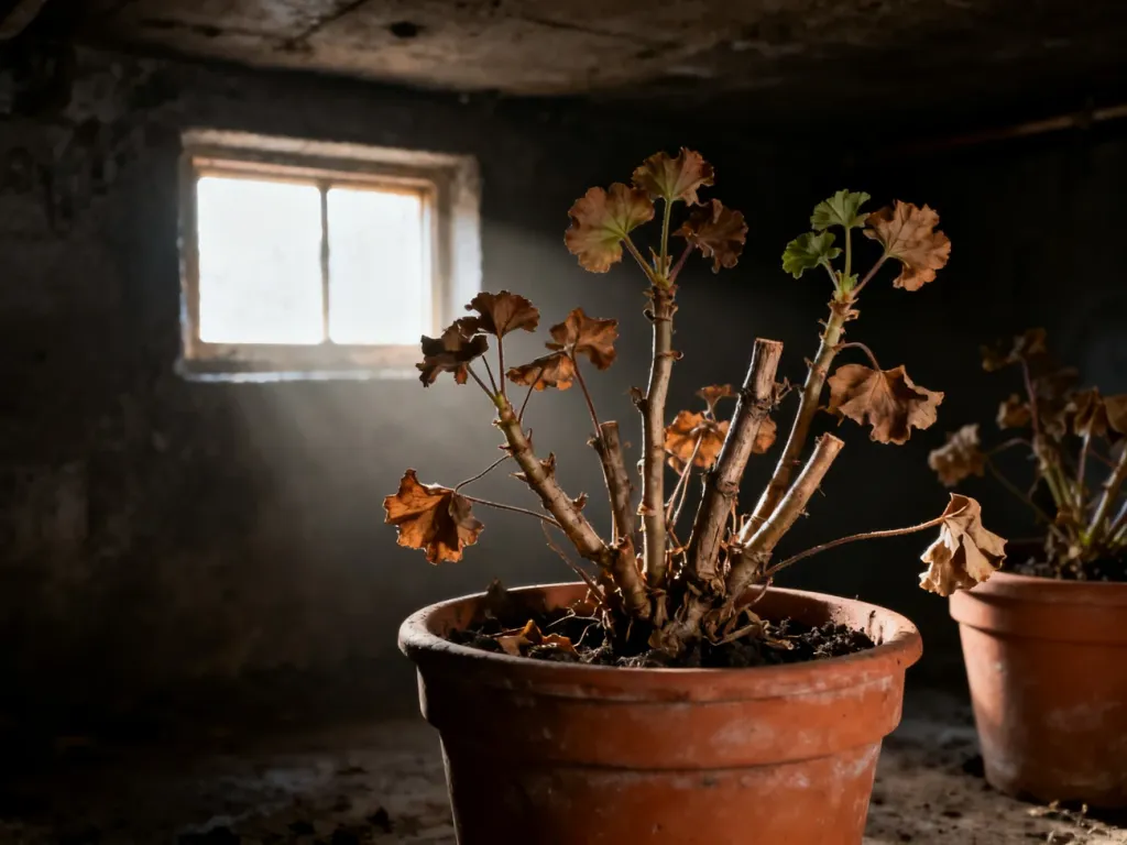 Zdrowe pelargonie w doniczkach przygotowane do zimowania w chłodnej, zaciemnionej piwnicy.