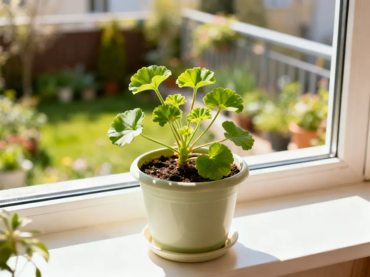Pelargonie budzące się wiosną na jasnym stanowisku